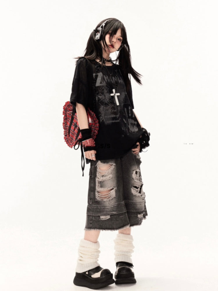 White/Black Round Neck Punk Print Semi-sheer Coverup