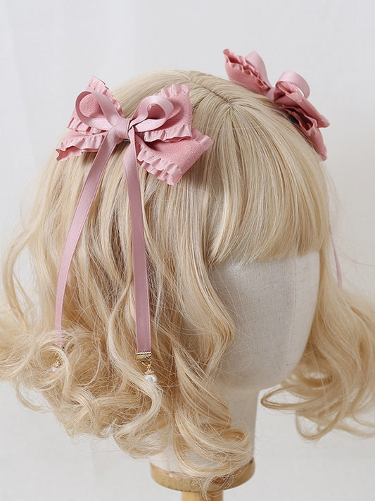 8 Colors A Pair of Sweet Bowknot Ribbon Hairclips with Bead Decorations