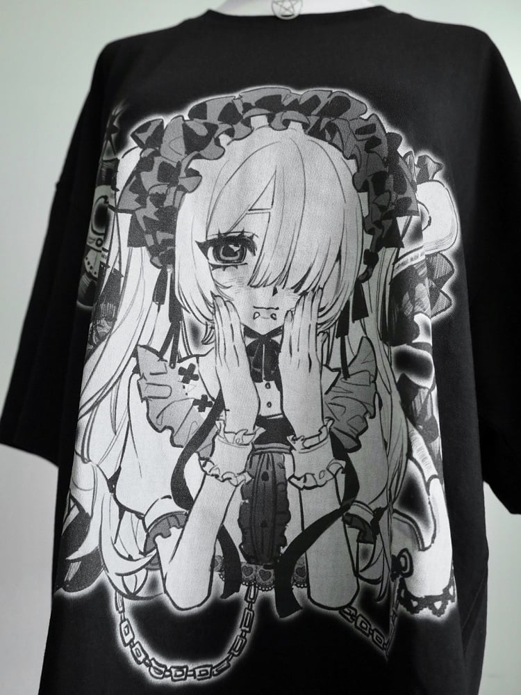 Black&White Jirai Kei Cartoon Girl Print Round Neck T-shirt