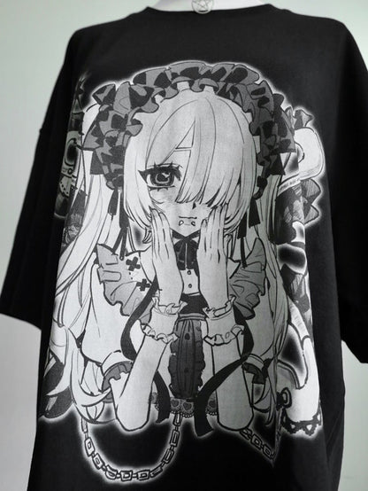 Black&White Jirai Kei Cartoon Girl Print Round Neck T-shirt