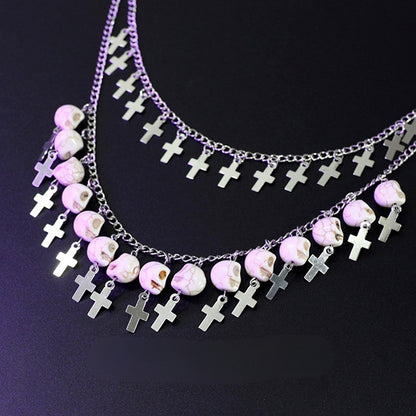 Silver Cross And Skeleton Charm Waist Chain + Black Star Details Waist Belt