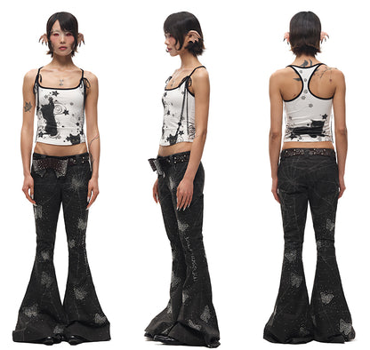 Pink/Black Big Bow Stud Details Rhinestones Embellished Waist Belt