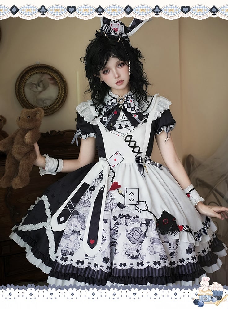 Alice in Wonderland Vibes Black and White Bunny and Teapot Print Apron Dress Sweet Lolita OP / Full Set