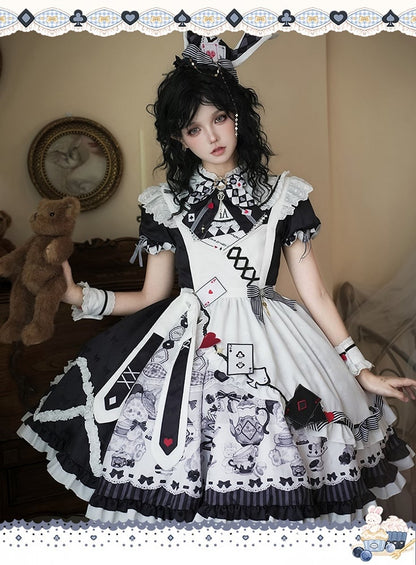 Alice in Wonderland Vibes Black and White Bunny and Teapot Print Apron Dress Sweet Lolita OP / Full Set