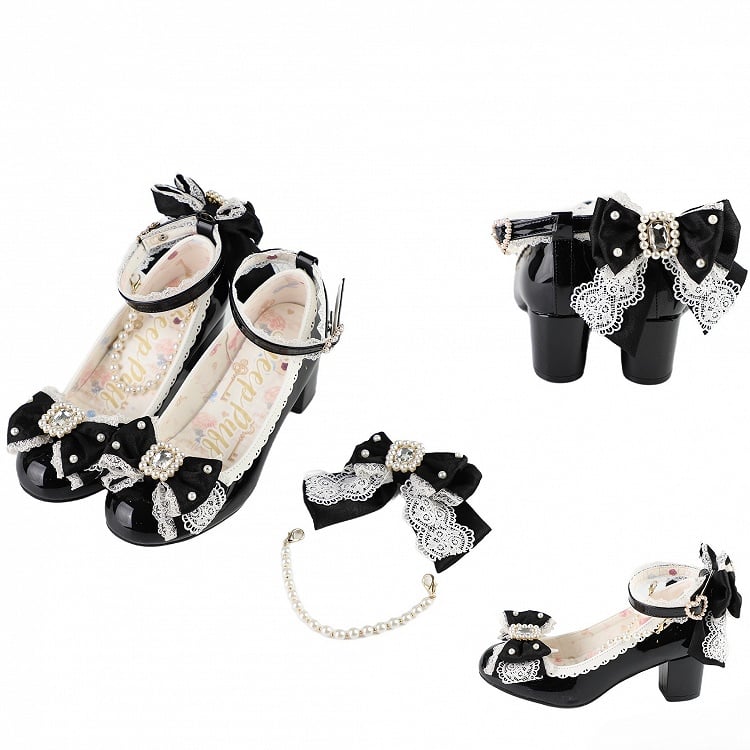Black Beaded And Rhinestone Decorated Bow at Top Lace Trim Mary Janes With Detachable Beaded Chain