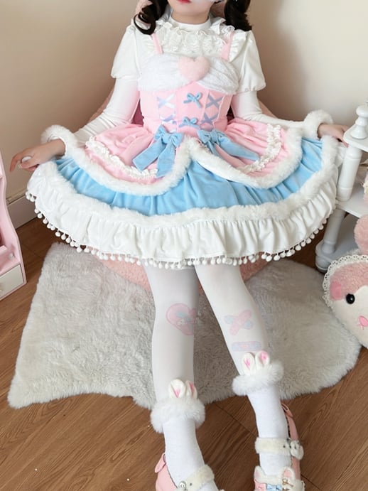Plush Trimming Pink Sweet Lolita Dress for Autumn and Winter
