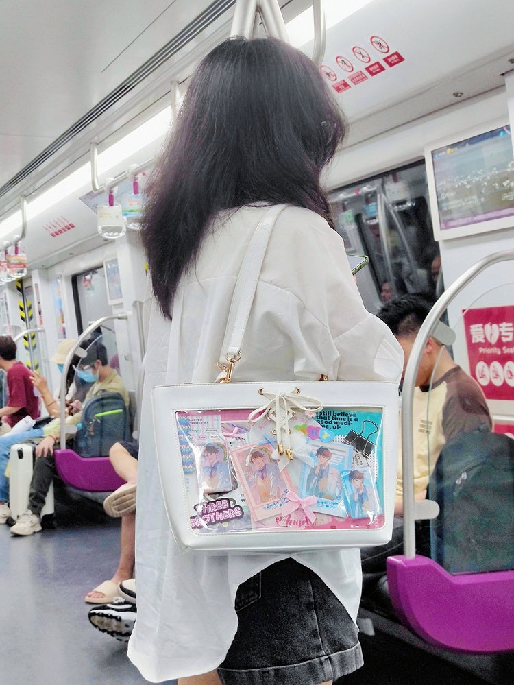 White Bow Accents Lace-up Detail Ita Shoulder Bag with Free Charm