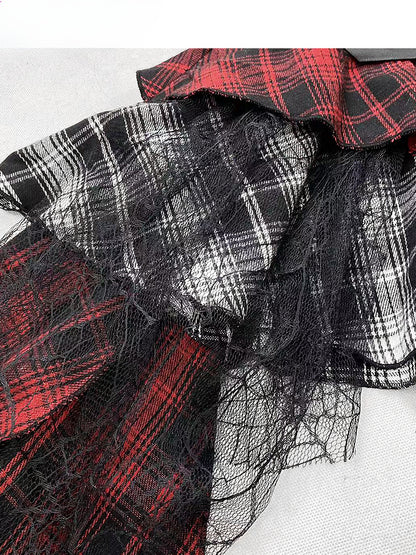 Clearance-Size M for Waist 76CM Y2K Red Plaid Asymmetrical Hem Tiered Punk Glamorous Skirt