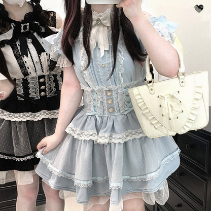 Black/Pink/Blue High Waist Sweetheart Buttons Lace Trim Jirai Kei Tiered Skirt