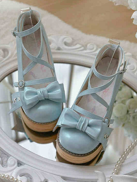 Blue Bow at Top Crisscross Design Sweet Lolita Platforms