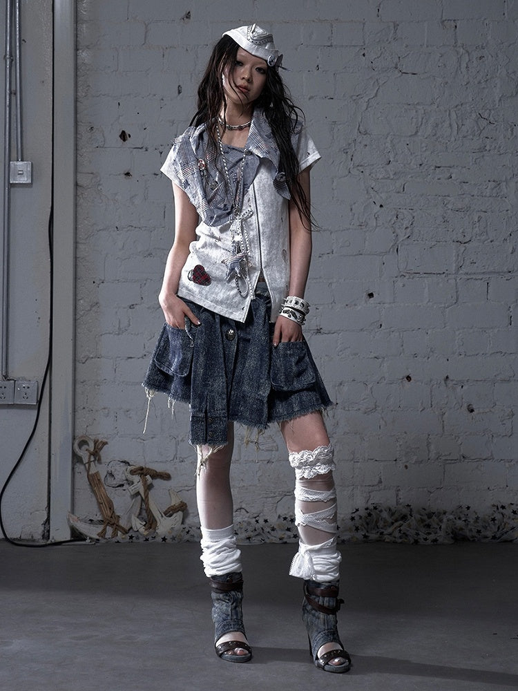 Blue and White Plaid Distressed Holes Navycore Zipper T-shirt Faux Two-pieces