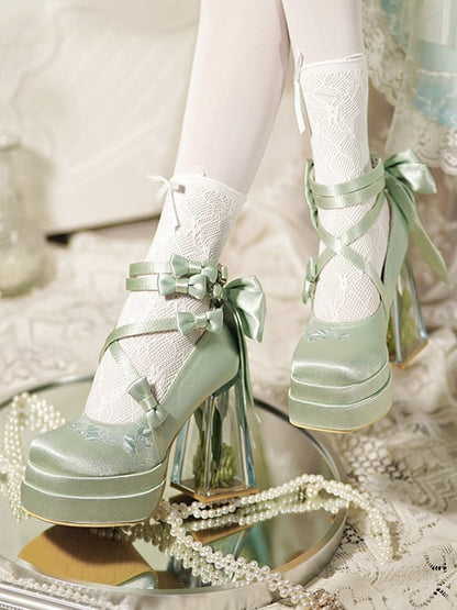 Green Camellia Flower High Block Heel Elegant Platform High Heels