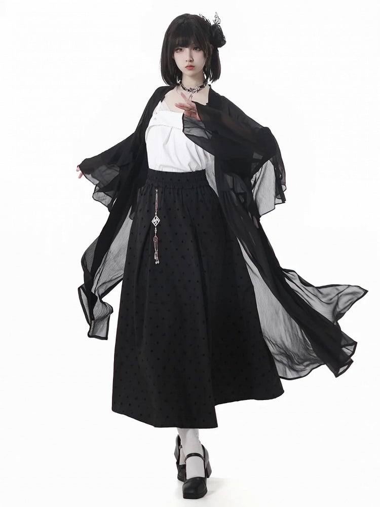 Black Elastic Waist Cheongsam Style Polka-dot Skirt with Tassel Charm