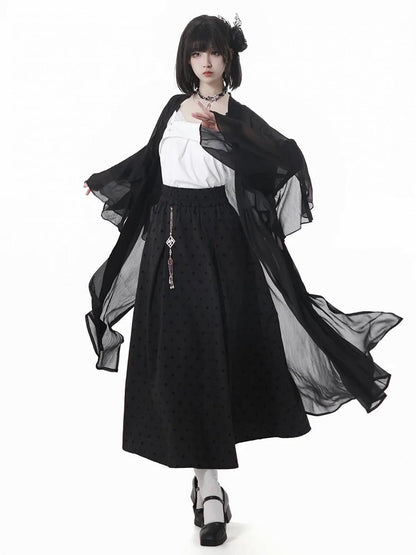 Black Elastic Waist Cheongsam Style Polka-dot Skirt with Tassel Charm