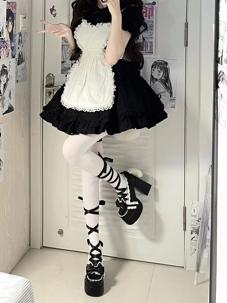 Cute Kitty Tails Black Bow at Top Punk Lolita Platform High Heels Lace-up at Ankle