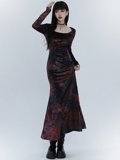 Black & Red Tie Dye Mermaid Skirt Velvet Dress