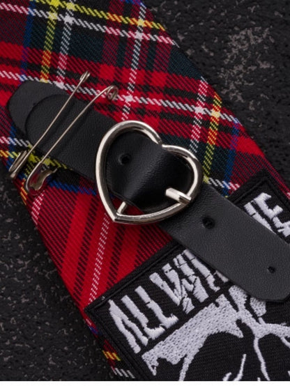 Red Plaid Pattern With Skull Applique Decorated Heart Buckle Tie