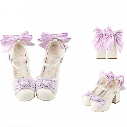 Polished White&Purple Bow at Top Platform High Block Heels