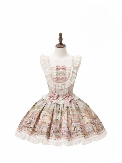 Green Flutter Sleeves Sweet Lolita JSK Dress with Fairytale Town Print and Bow Accents
