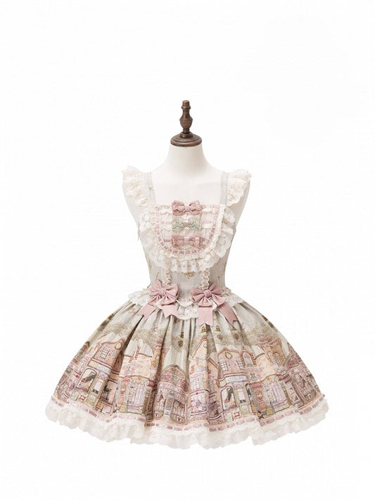Green Flutter Sleeves Sweet Lolita JSK Dress with Fairytale Town Print and Bow Accents