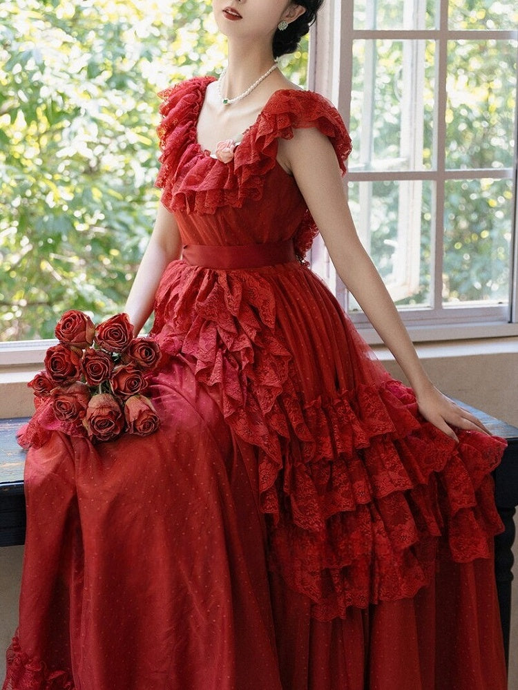 Wine Red/Pink Vintage Lace Ruffle Trim Off-the-shoulder Neckline Dress