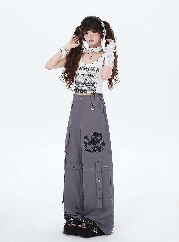 Black/Grey/Pink Skeleton and Cross Print Cargo Pockets Wide-Leg Pants