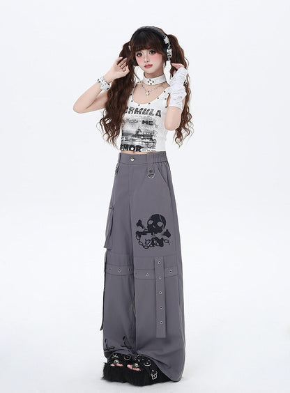 Black/Grey/Pink Skeleton and Cross Print Cargo Pockets Wide-Leg Pants