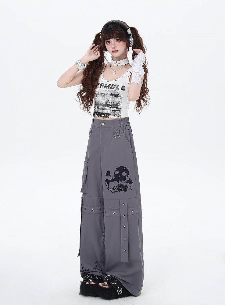 Black/Grey/Pink Skeleton and Cross Print Cargo Pockets Wide-Leg Pants