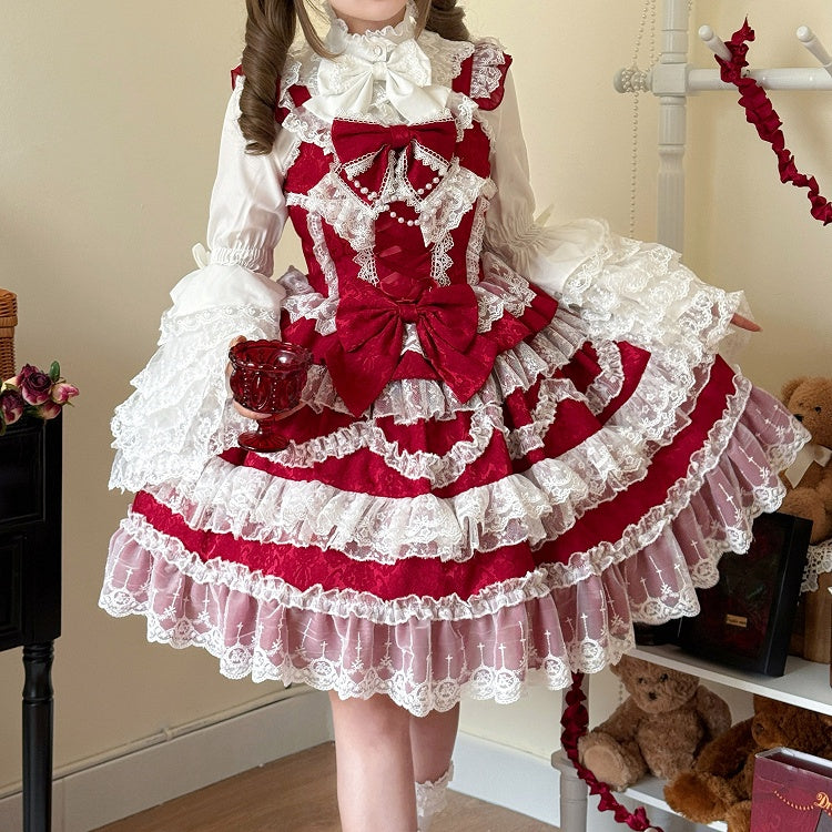 White Lace Trims Red Bows Decorated Hanayome Dress Lolita Jumper Skirt