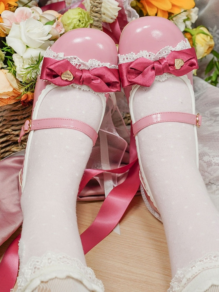 Elegant Rose Pink Lolita Low-heel Mary Janes - Heart Accent Bow, Lace Edging & Circle Buckle