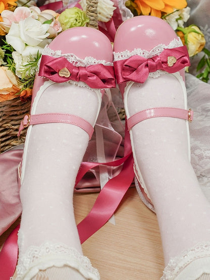 Elegant Rose Pink Lolita Low-heel Mary Janes - Heart Accent Bow, Lace Edging & Circle Buckle