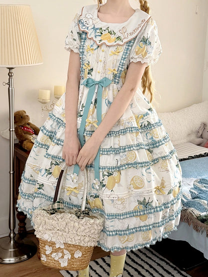 Blue & Yellow Puff Sleeves Tiered Ruffles Country Lolita Dress with Lemon and Rabbit Print