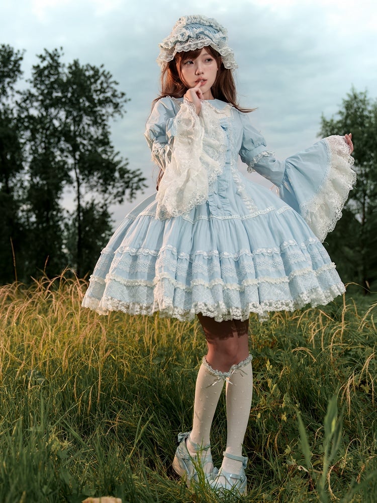 Baby Blue Lace Trims Cotton Dress Old School Lolita OP Full Set