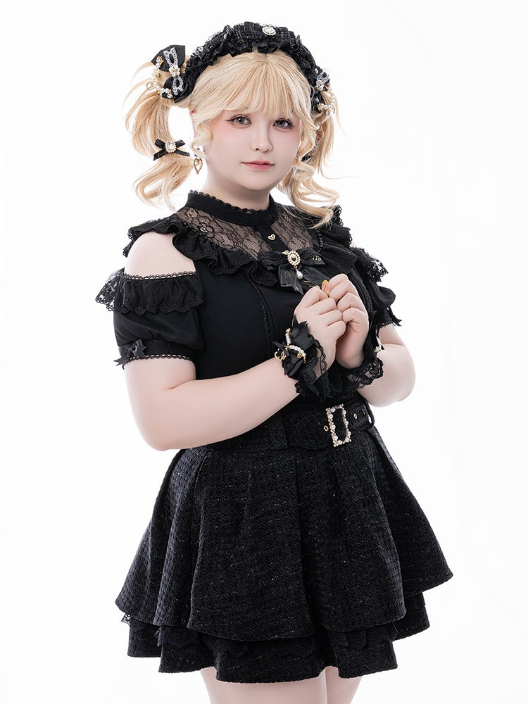 Jirai Kei Black Illusion Neckline Cutout Shoulder Short Sleeve Blouse with Free Bowtie