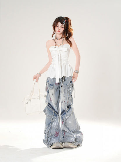 Big Bow Neckline White/Blue Plaid Strapless Top