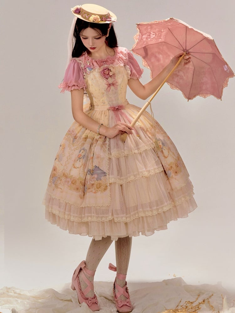 Clearance-Size XL for Bust 96-106CM Farm Ducks and Sunflowers Print Yellow Sweet Lolita Jumper Skirt