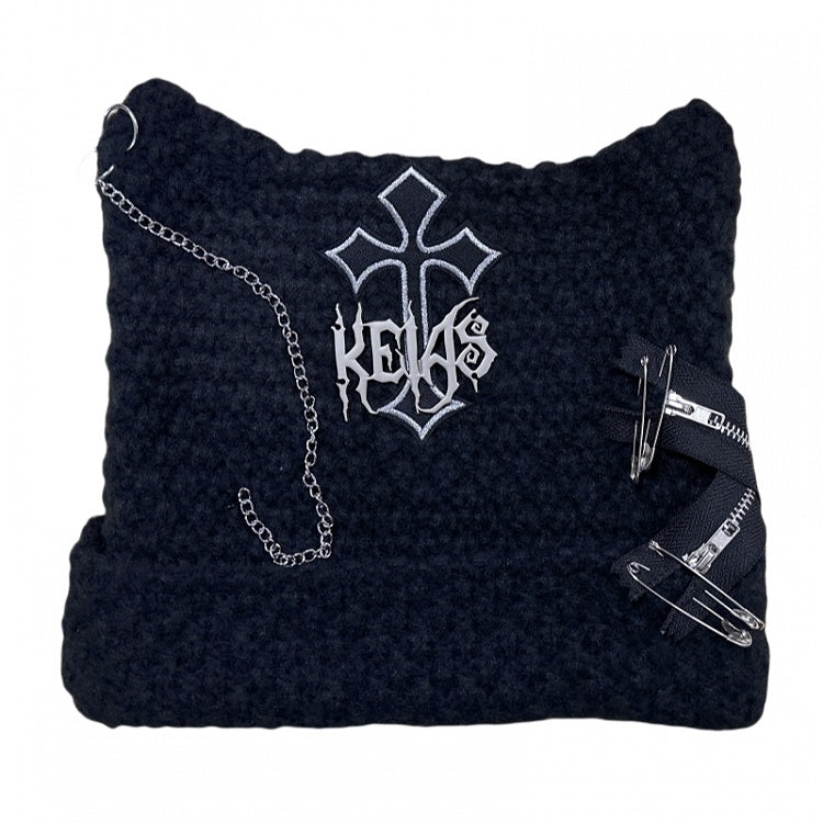 Black Y2K Punk Cross Knit Hat with Chain