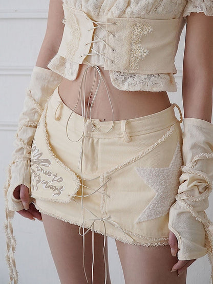 Fleece Star Patch Beige Asymmetrical Skort Frayed Hem