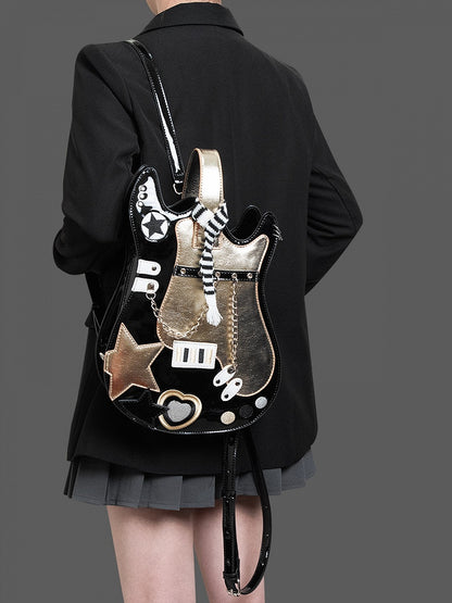 Black & Gold Star Design Sweetheart Embroidered Guitar-shaped Bag
