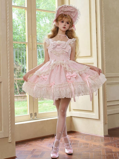 Pink Jacquard Fabric Sweet Bow Accents Dress Lolita Jumper Skirt