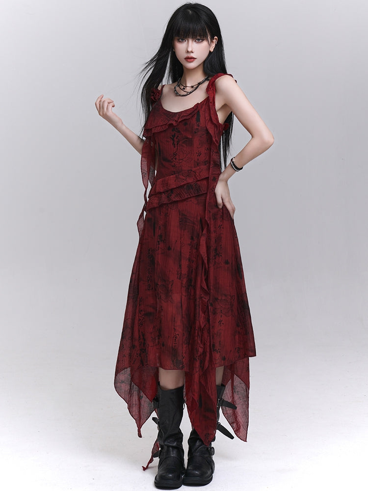 Red Cascading Ruffles Handkerchief Hem Sleeveless Dress