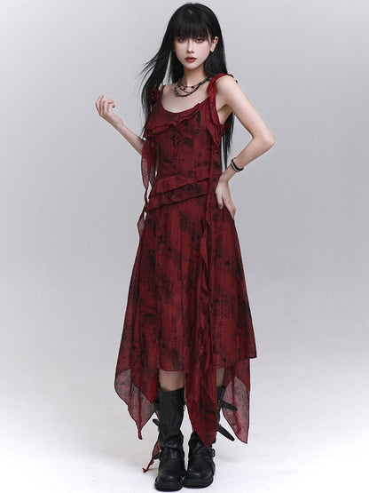 Red Cascading Ruffles Handkerchief Hem Sleeveless Dress