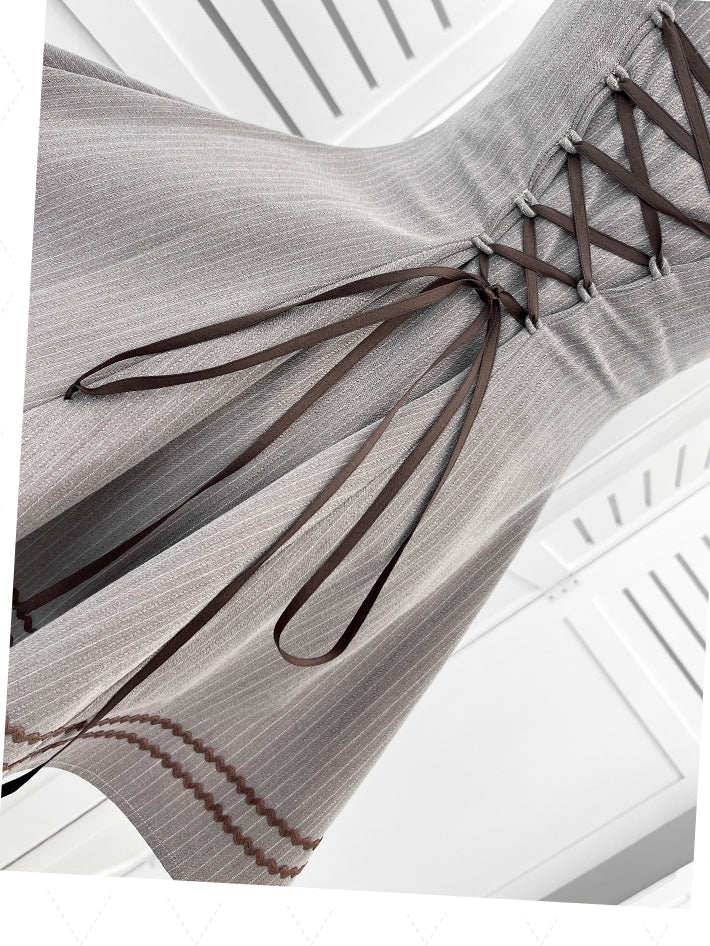 Jirai Kei Ruffle Neckline Puff Sleeves Gray Striped Dress with Free Bowtie