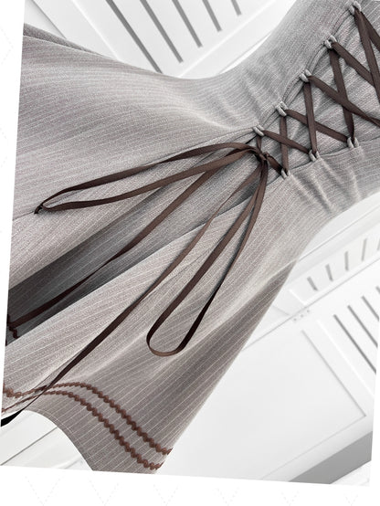 Jirai Kei Ruffle Neckline Puff Sleeves Gray Striped Dress with Free Bowtie