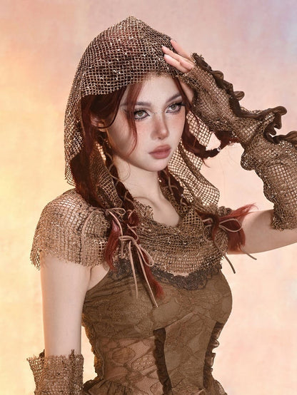 Sand Brown Mesh Fabric Wasteland Punk Hood