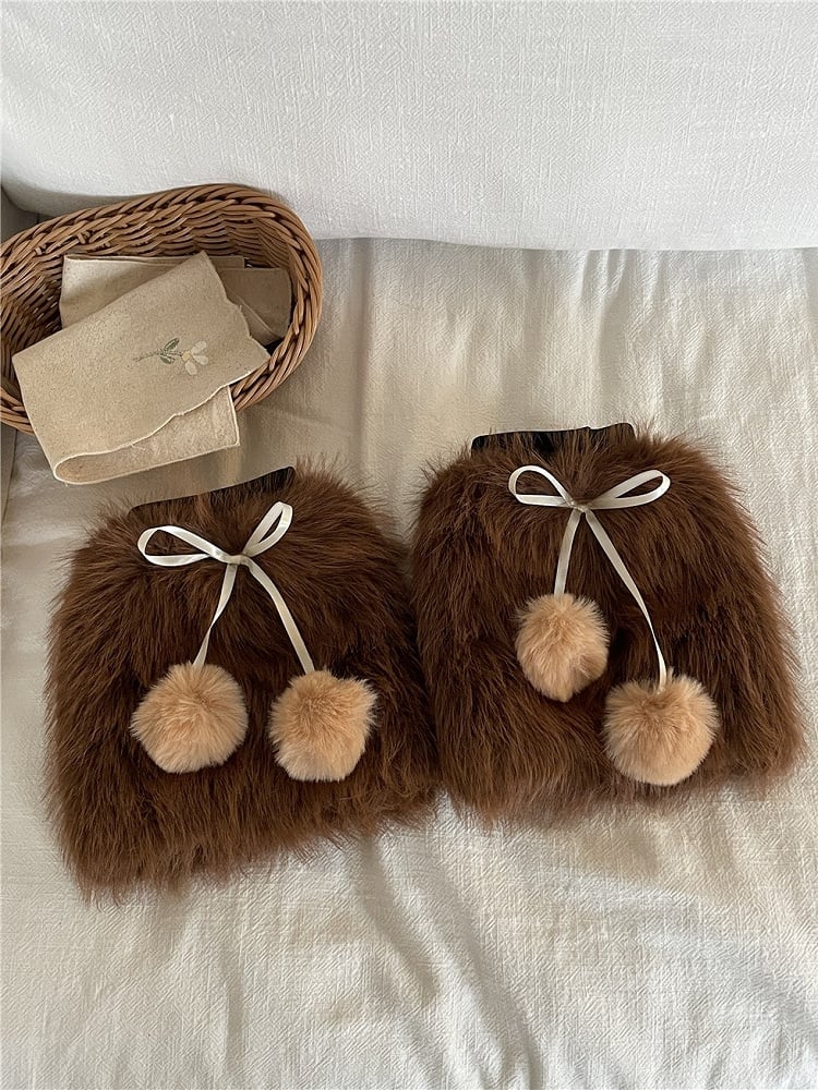 Pink/Coffee Sweet Plush Leg Warmers With Pompons