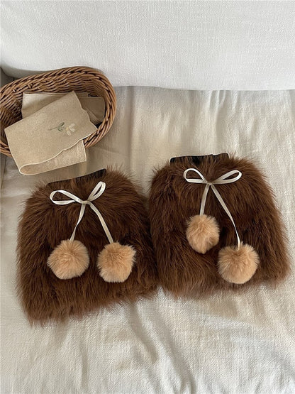 Pink/Coffee Sweet Plush Leg Warmers With Pompons