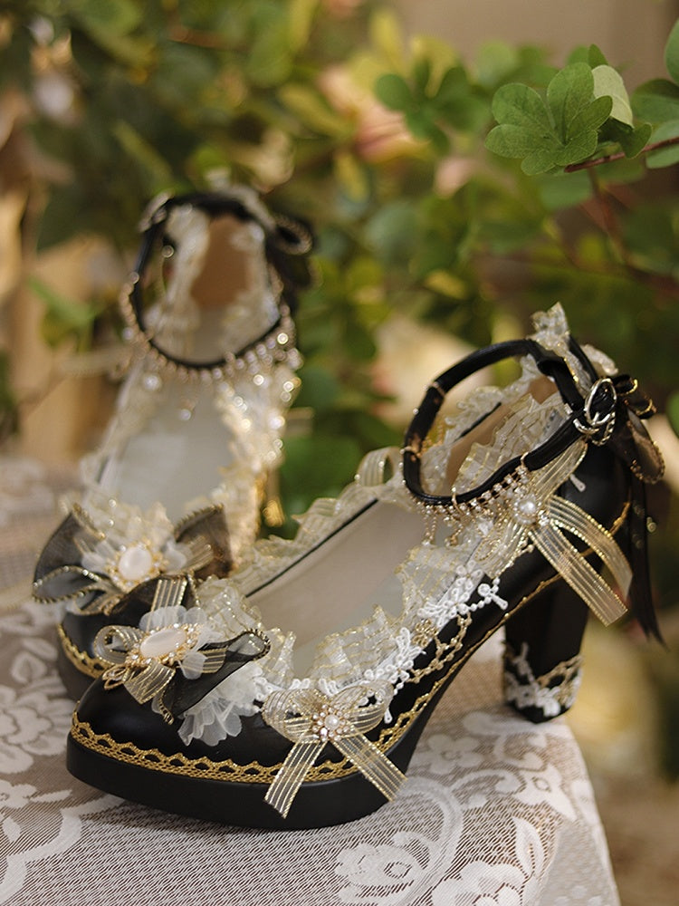 Black & Gold Floral Design Crystal Embellished 6CM/8CM Lolita High Block Heels