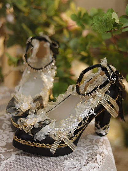 Black & Gold Floral Design Crystal Embellished 6CM/8CM Lolita High Block Heels
