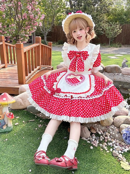 White Polka Dots Red Old School Lolita Peter Pan Collar Dress + Maid Apron + Strawberry Big Bow